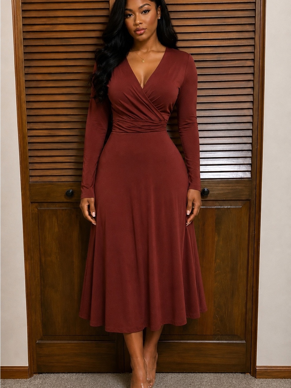 Express Long Sleeve Wrap Midi Dress in Burgundy Red